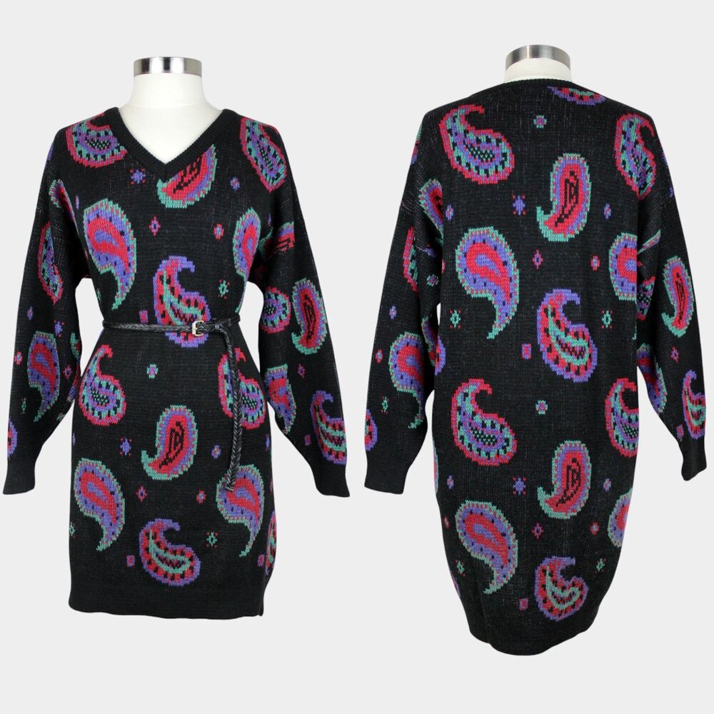 Vintage 80s Paisley Wool Sweater Dress - Made in Italy
